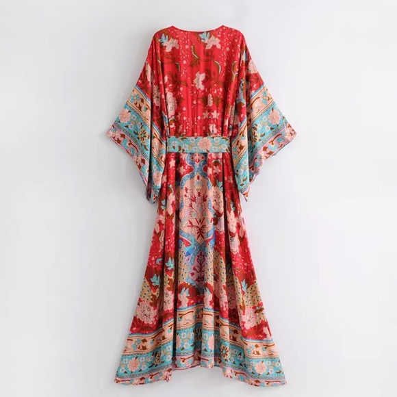 SOLD OUT Red Floral Gypsy Kimono Long Button Up Maxi Dress - Picture 9 of 16